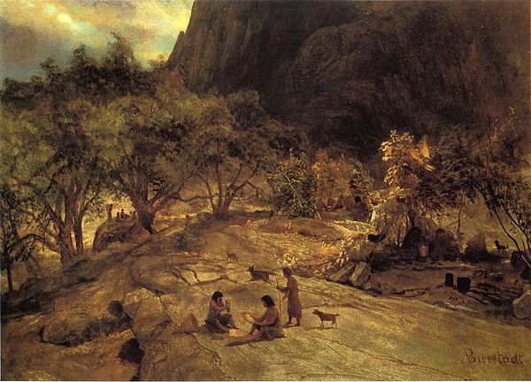 Painting of Sierra Miwok at the Mariposa Indian Encampment, Yosemite Valley by Albert Bierstadt