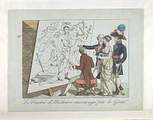 Historical painter encouraged by the government, 1814 caricature, Bodleian Library. Bodleian Libraries, Le peintre d'histoire encourage par le gouvt.jpg
