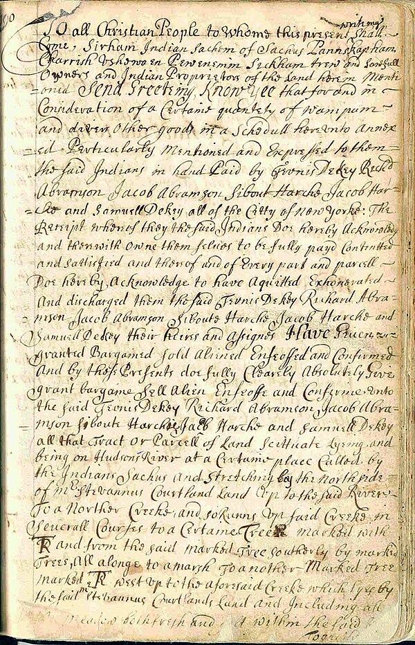 First page of Ryck's patent with the name of Sachem Sirham, chief of the Sachoes.