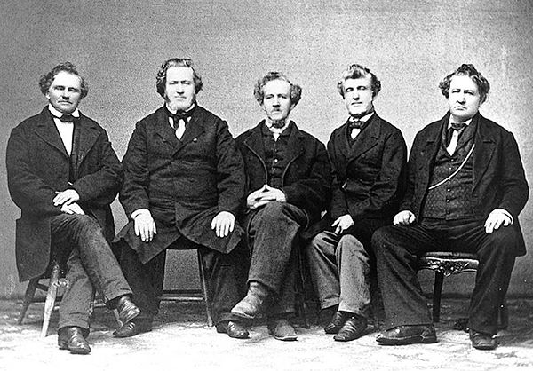 The five sons of John and Abigail Young. From left to right: Lorenzo Dow, Brigham, Phineas H., Joseph, and John.