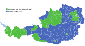 Results of the re-run of the second round of the election by state (left), district (centre) and municipality (right):   Norbert Hofer   Alexander Van der Bellen