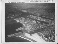The mouth of the Los Angeles River in 1937, in the foreground; the Back Channel, Port of Long Beach, in the background