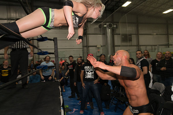 LeRae performing a suicide dive on Pepper Parks.