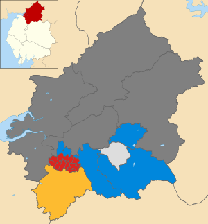 Map of the results of the 2012 Carlisle City Council election. Labour in red, Conservatives in blue, Liberal Democrats in yellow and independent in light grey. Wards in dark grey were not contested in 2012. Carlisle UK local election 2012 map.svg