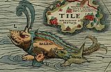 Detalj frå Olaus Magnus sitt Carta Marina frå 1539, der kartteiknaren framstiller ein kval (balena på latin) som blir angripen av spekkhoggarar (orca) i dei nordlege havdjupa ved sogeøya Thule (Tile).