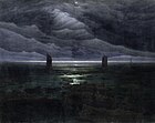 Kyst i måneskin (1835–36). 134 × 169 cm. Kunsthalle, Hamburg. Hans sidste "sorte maleri", kyst i måneskin, beskrives af William Vaughan som det "mørkeste af alle hans kyster."[55]