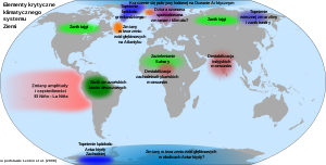 Mapa świata z wypisanymi elementami krytycznymi: kurczenie się pokrywy lodowej na Oceanie Arktycznym, Topnienie lądolodu grenlandzkiego, Zanik tajgi w Ameryce Północnej i na Syberii, Topnienie wiecznej zmarzliny i zanik tundry na Syberii, Dziura ozonowa spowodowana zmianami klimatu na północy Europy, Zmiany w tworzeniu wód głębinowych na Atlantyku, Destabilizacja indyjskich i zachodnioafrykańskich monsunów, Zazielenianie Sahary, Zanik amazońskich lasów deszczowych, Zmiany amplitudy El Nino - La Nina, Topnienie lądolodu Antarktydy Zachodniej, Zmiany w tworzeniu wód głębinowych w okolicach Antarktydy