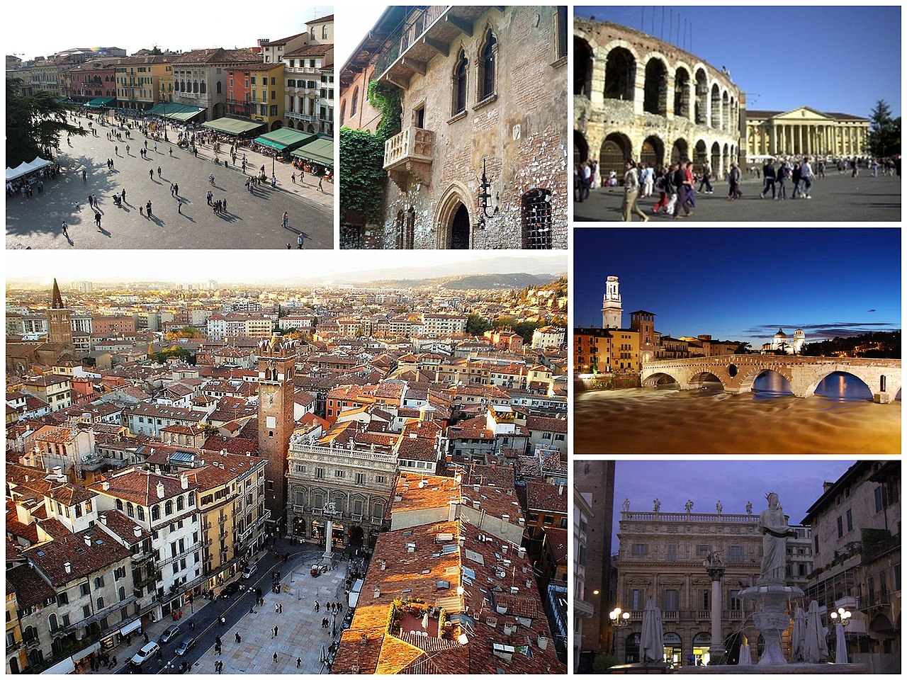 A collage of the city of Verona, Clockwise from top left to right: View of Piazza Bra from Verona Arena, House of Juliet, Verona Arena, Ponte Pietra at sunset, Statue of Madonna Verona's fountain in Piazza Erbe, View of Piazza Erbe from Lamberti Tower