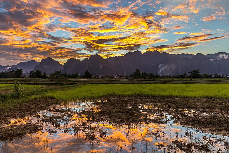 File:Colorful sky with orange clouds reflecting in the water of a paddy field, at sunset, Vang Vieng, Laos.jpg