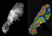 Comet Borrelly exhibits jets, but has no surface ice. Comet borrelly.jpg