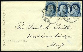 1856 cover posted in New York City with three 1-cent stamps affixed Cover US 1856 New York.jpg