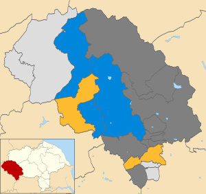 Map of the results of the 2006 Craven District Council election. Independents in light grey, Conservatives in blue and Liberal Democrats in yellow. Wards in dark grey were not contested in 2006. Craven UK local election 2006 map.svg