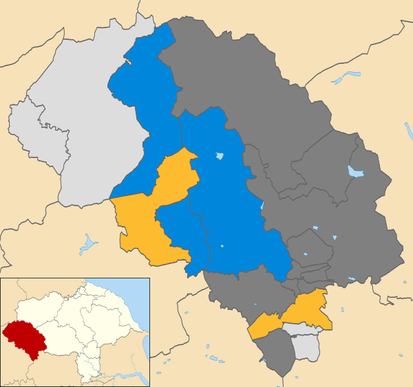 Map of the results of the 2006 Craven District Council election. Independents in light grey, Conservatives in blue and Liberal Democrats in yellow. Wards in dark grey were not contested in 2006.