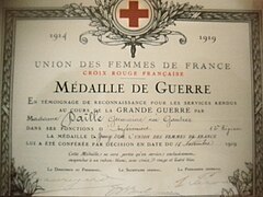 Certificat Croix rouge daté de 1919.
