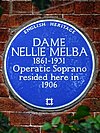 LORDINO NELLIE MELBA 1861-1931 Operatic Soprano loĝis ĉi tie en 1906.jpg