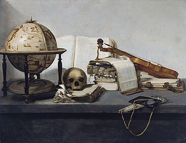 Vanitas – zátiší s knihami, glóbem, lebkou, houslemi a vějířem, 1650