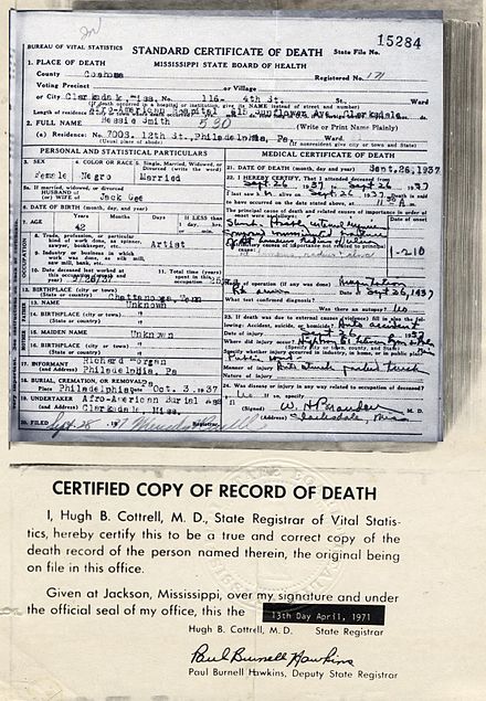 Smith's death certificate