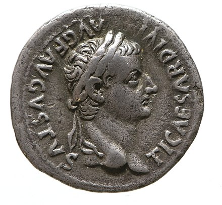 A denarius of Tiberius. Caption: TI. CAESAR DIVI AVG. F. AVGVSTVS