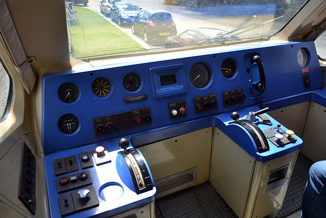 Driving controls of the Advanced Passenger Train (APT-P) at Crewe Heritage Centre.