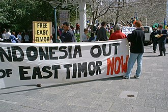 A demonstration for independence from Indonesia held in Australia during September 1999. East Timor Demo.jpg