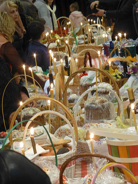 File:Easter Baskets Prepared for Blessing at an Eastern Orthodox Church's Hall.jpg