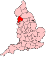 Local government Lancashire shown in red, with two unitary authorities in ceremonial Lancashire orange. EnglandLancashire.png