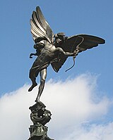 Eros, d'Alfred Gilbert (1893), la primer escultura del mundu fecha n'aluminiu. Piccadilly Circus, Londres.