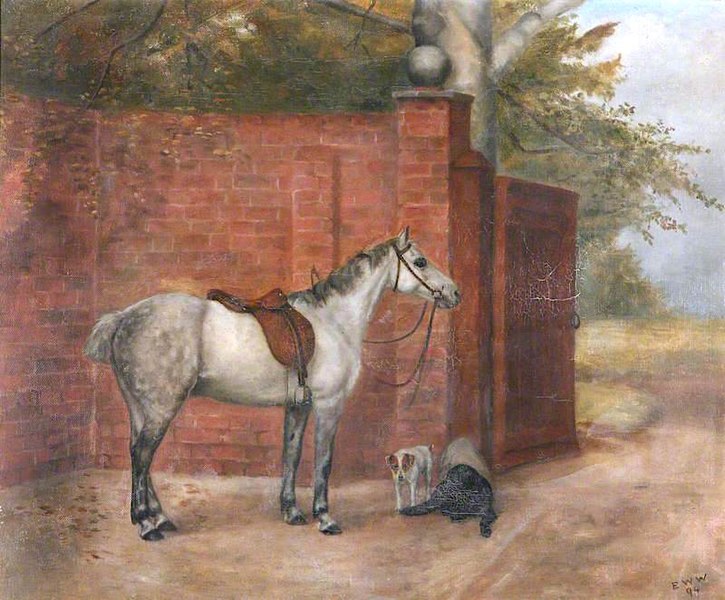 File:Evelyn Blacklock - A Dapple-Grey Horse with Dogs beside a Wall.jpg