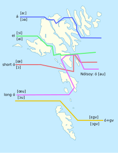 Isoglosses of Faroese on the Faroe Islands, part of the Kingdom of Denmark Faroe Islands isoglosses.svg