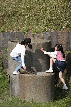 Female children climbing up a outer side of a well rings; April 2004.jpg