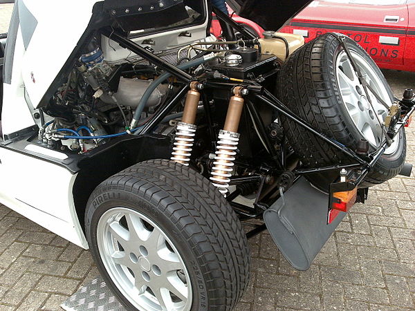 The mid-engined RS200's engine bay and rear suspension