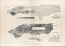 These two maps of the City of New York from the Tenement House Committee of 1894 make a careful examination into the tenement houses of the city of New York, including all "phases of the so-called tenement-house question in the city that can affect the public welfare." Frederick E. Pierce, The Tenement House Committee Maps 1895 Cornell CUL PJM 1121 02.jpg