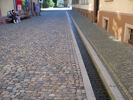 Artificial rills, known locally as Bächle, flank several streets in the old quarter of Freiburg, Germany.