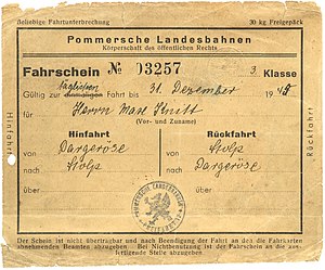 free ticket of the Pomeranian State Railway (1944)