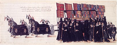 Elizabeth's funeral cortege, 1603, with banners of her royal ancestors Funeral Elisabeth.jpg
