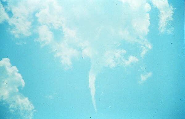 A shear funnel extending from a cumulus humilis cloud, which was observed in northern Texas during the first VORTEX project.