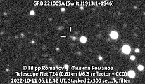 Optický dosvit GRB 221009A nasnímaný amatérskym astronómom pomocou vzdialene ovládaného ďalekohľadu.