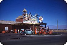 Texaco gas station at the Hotel Last Frontier, late 1940s Gas station Last Frontier hotel.jpg