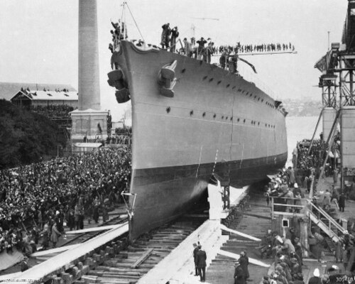 The light cruiser HMAS Adelaide being launched at Cockatoo Island Dockyard in 1918