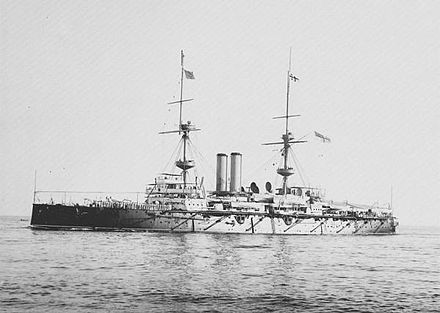 HMS Ramillies was the fourth ship of the influential Royal Sovereign class. The diagonal tubes are spars for torpedo nets.