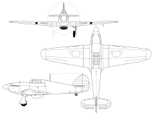 3-view line drawing of the Hawker Hurricane