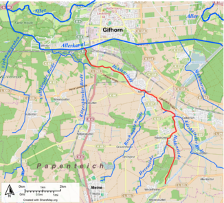 Course map of the Hehlenriede and its source and backwaters