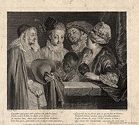 Henri Simon Thomassin [fr] after Watteau, Coquettes qui pour voir, before 1731, etching, Biblioteca Nacional de España, Madrid