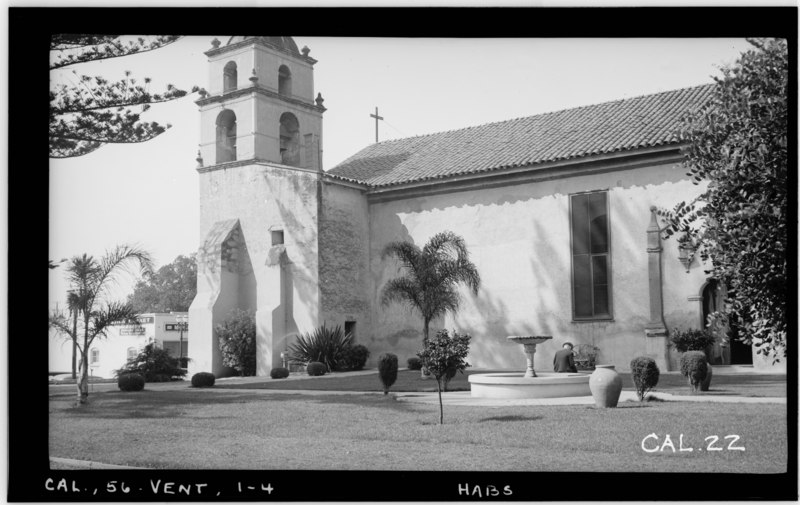 File:Historic American Buildings Survey Photographed by Henry F. Withey September 1936 SOUTH PORTION OF EAST FACADE. - Mission San Buenaventura, East Main Street and South Figueroa HABS CAL,56-VENT,1-4.tif