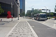 Crosswalk, bike path, and Houston Metro bus