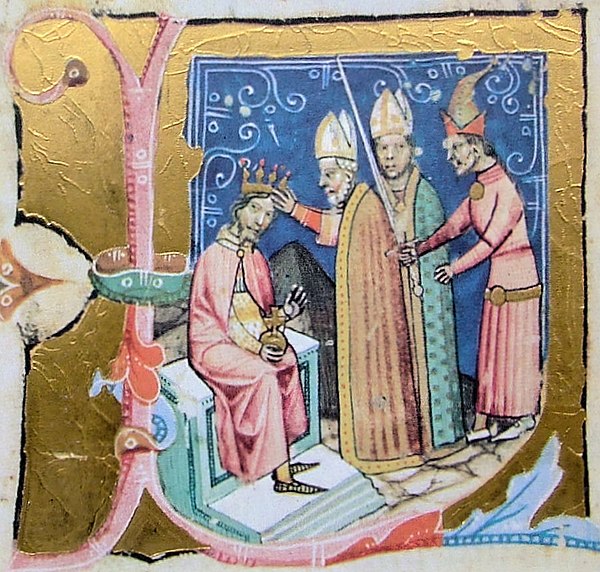 Stephen III is crowned king by Lucas (from the Illuminated Chronicle)