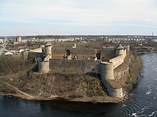 The Ivangorod Fortress from the left bank of the Narva River.