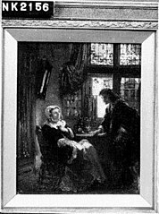 Een zeventiende eeuws interieur met een man die een vrouw het hof maakt