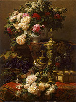 Flowers and Fruit label QS:Len,"Flowers and Fruit" label QS:Lnl,"Bloemen en vruchten" . 1877. oil on canvas medium QS:P186,Q296955;P186,Q12321255,P518,Q861259 . 116.2 × 89 cm (45.7 × 35 in). Sydney, Art Gallery of New South Wales.