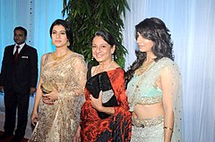 Kajol with her mother Tanuja (centre) and sister Tanishaa (right) at actress Esha Deol's wedding reception in 2012. Kajol said that Tanuja was her inspiration to be an actress. Kajol, Tanuja, Tanisha Mukherjee at Esha Deol's wedding reception 12.jpg